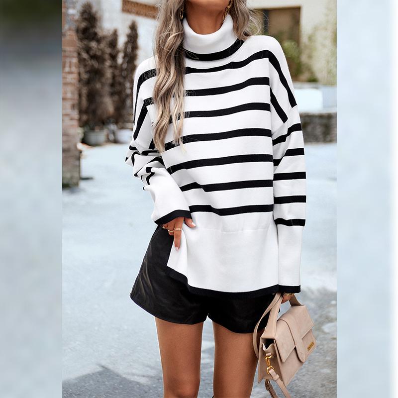 Maglione dolcevita a righe da donna elegante e ampio, pullover casual lavorato a maglia