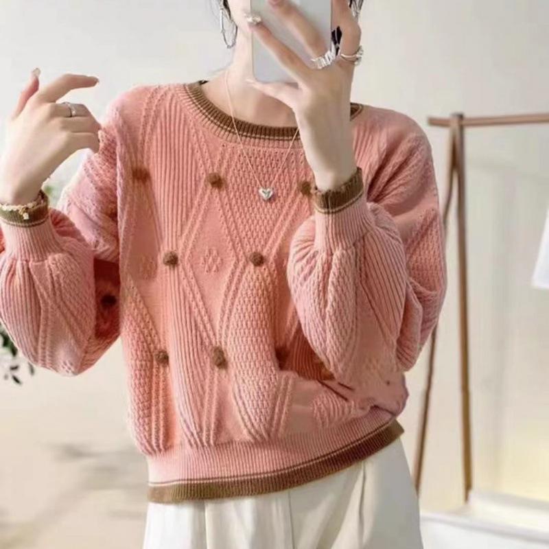 

Маленький свежий и милый дизайн ромбовидный трехмерный помпон свитер женский осенне-зимний модный контрастный цвет круглый вырез вязаный свитер 3XL розовый