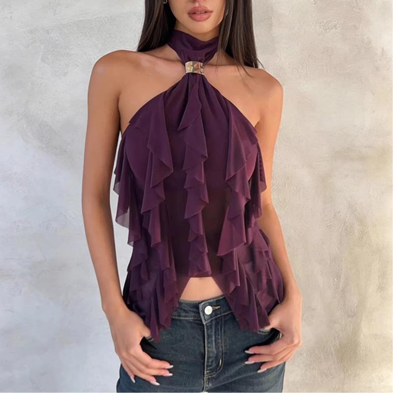 Women Purple Halter Neck Metal Buckle Ruffle Sheer Mesh Cami Top S