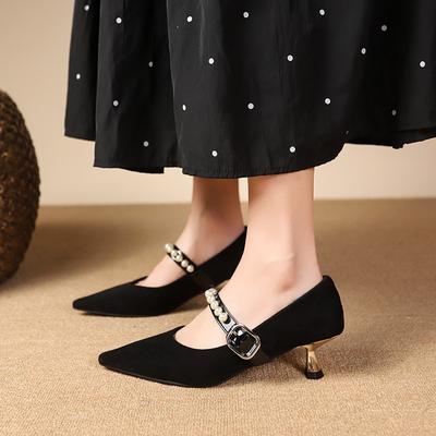 Damen Slim Heel Schuhe Frühling Neu Spitze Flacher Mund Wildleder Perlen Metall Schnalle Rutschfest Hohe Absätze