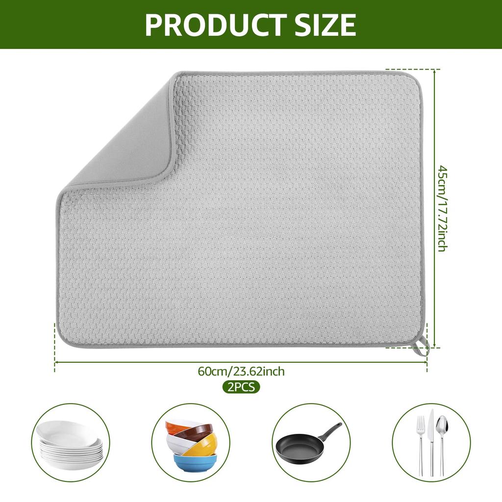 2Pcs Thicken Microfiber Dish Drying Mat Quick Dry Absorbent Dish Drainer Tableware Drying Pads for Kitchen Counter Under Sink