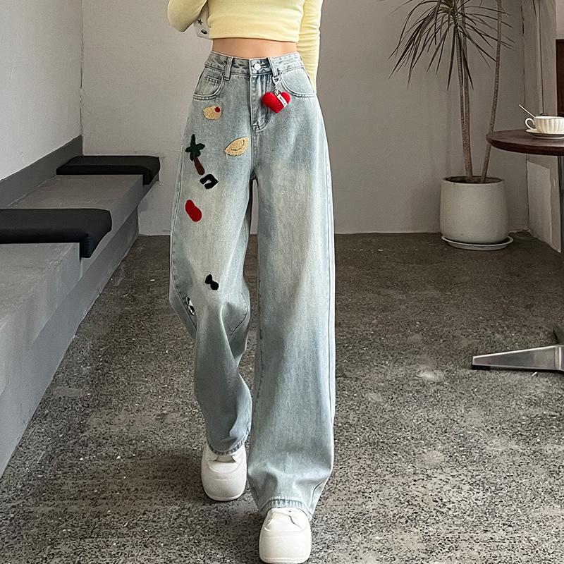 Spring 2025 Women's Embroidered High-Waist Wide-Leg Jeans - Light Color, Slimming Design