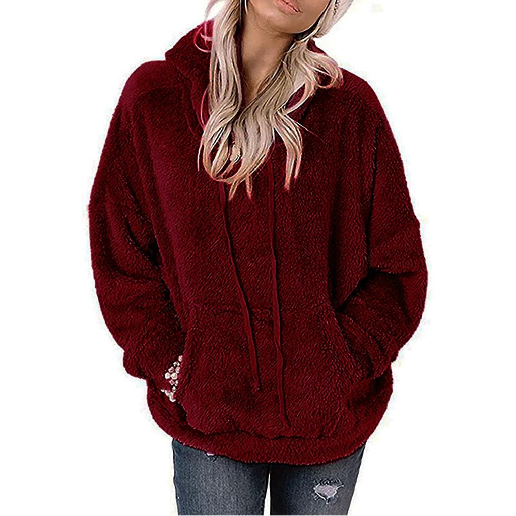 Lässiger Damen-Pullover, warmer Plüsch-Hoodie-Mantel, einfarbig, lockerer Taschenmantel