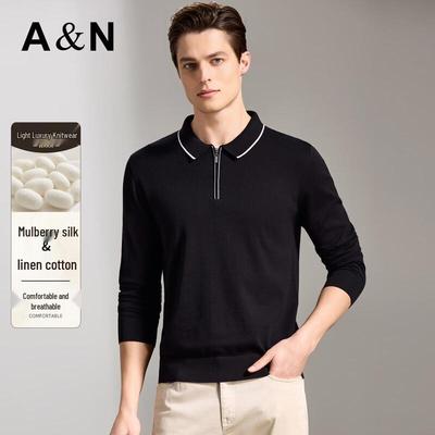 Antonio Herren Business Casual Langarm-Poloshirt aus Seiden-Leinen-Baumwollmischung