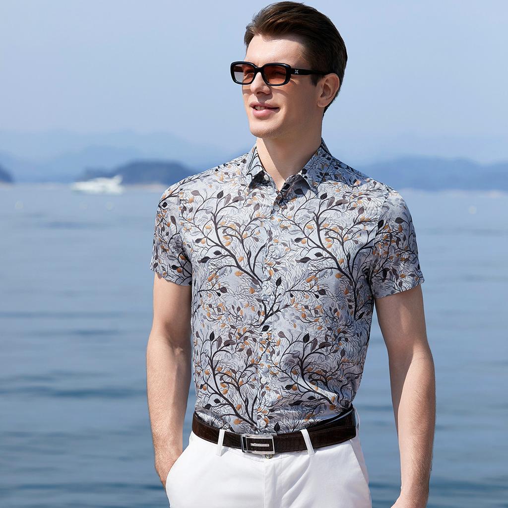 Pure Cotton Printed Shirt Men's Short Sleeve Summer Skin Friendly Breathable Half Sleeve Flower Shirt