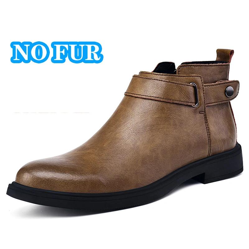 Genuine Leather Chelsea Men Boots Warm Plush Fur Winter Boots Man Soft Elastic Strap Ankle Boots Man Formal Business Dress Shoes