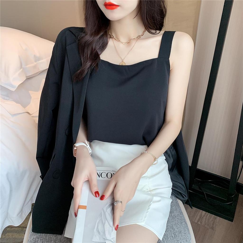 Women's 2023 Square Neck Spaghetti Strap Chiffon Tank Top - Black/White Sleeveless