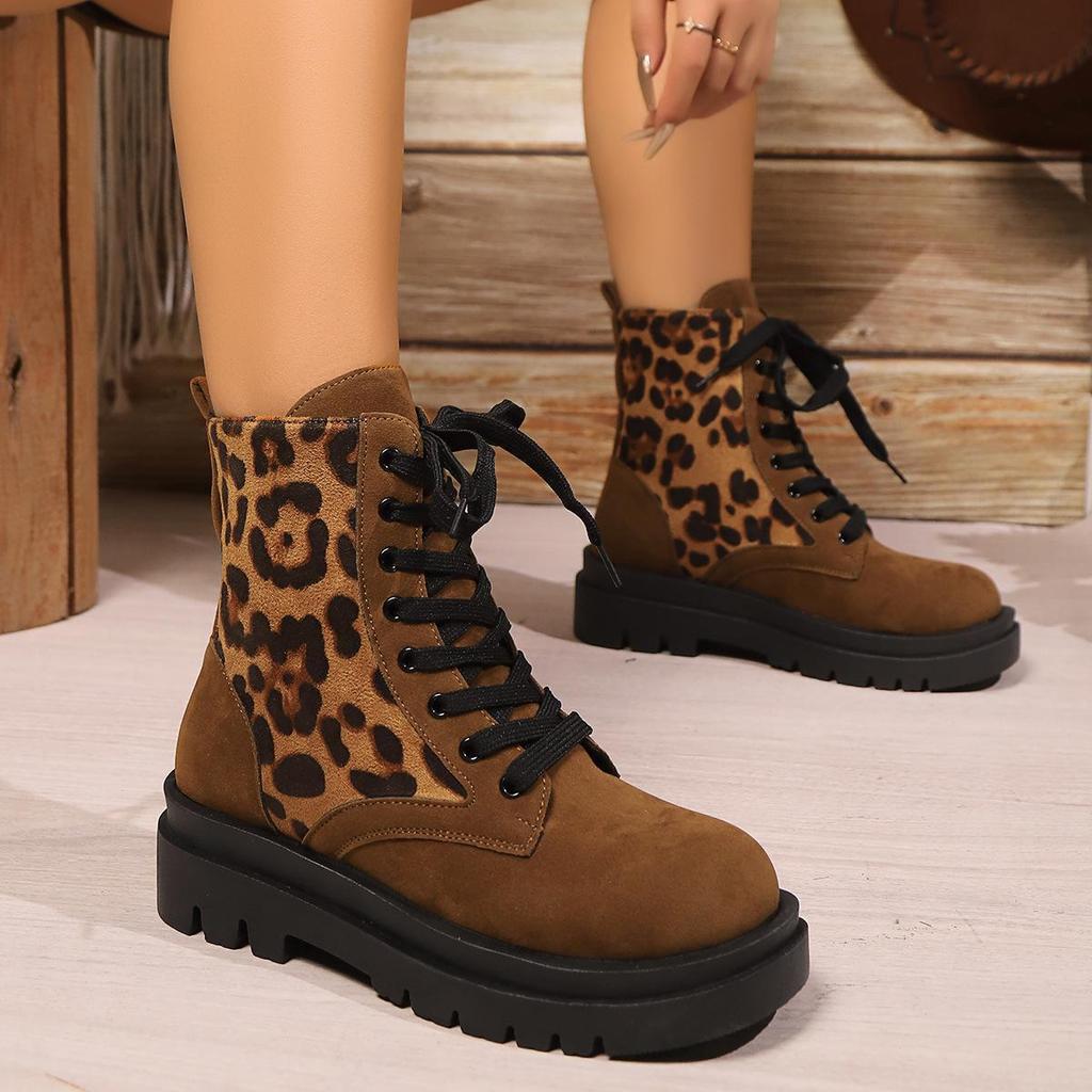 Fashionable Leopard Print Lace-Up Thick Sole Martin Boots for Women, European & American Style, Versatile for Spring & Autumn Season.