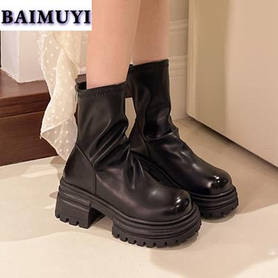 Women Chunky Platform Chelsea Ankle Boots High Heels Leather Shoes Winter New Brand Luxury Shoes Fashion Motorcycle Botas Mujer