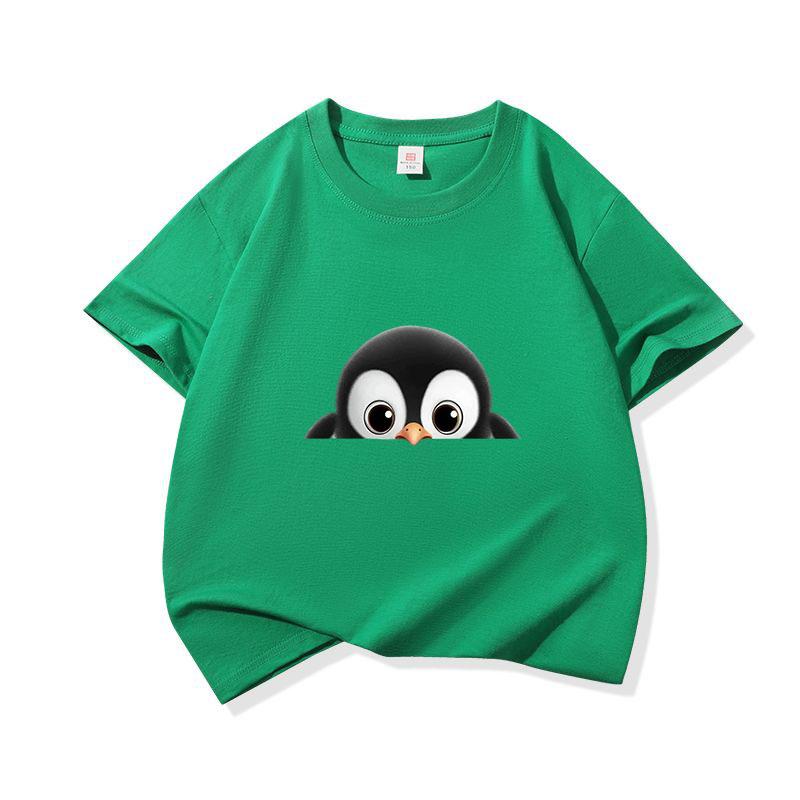 Kids Cotton T Shirt Cute Peeking Penguin Print Crew Neck Short Sleeve Tee Casual Breathable Boys Girls Summer Tops