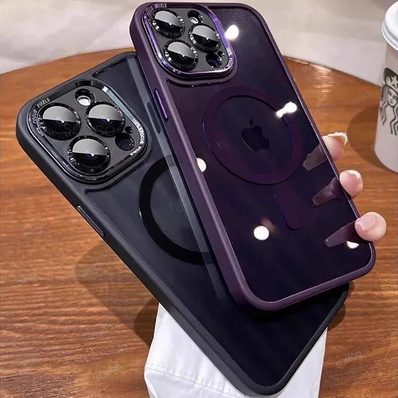 Luxury Magnetic Metal Lens Bumper Protection Case for IPhone 16 15 14 13 12 11 Pro Max Plus Magsafe Acrylic Translucency Cover