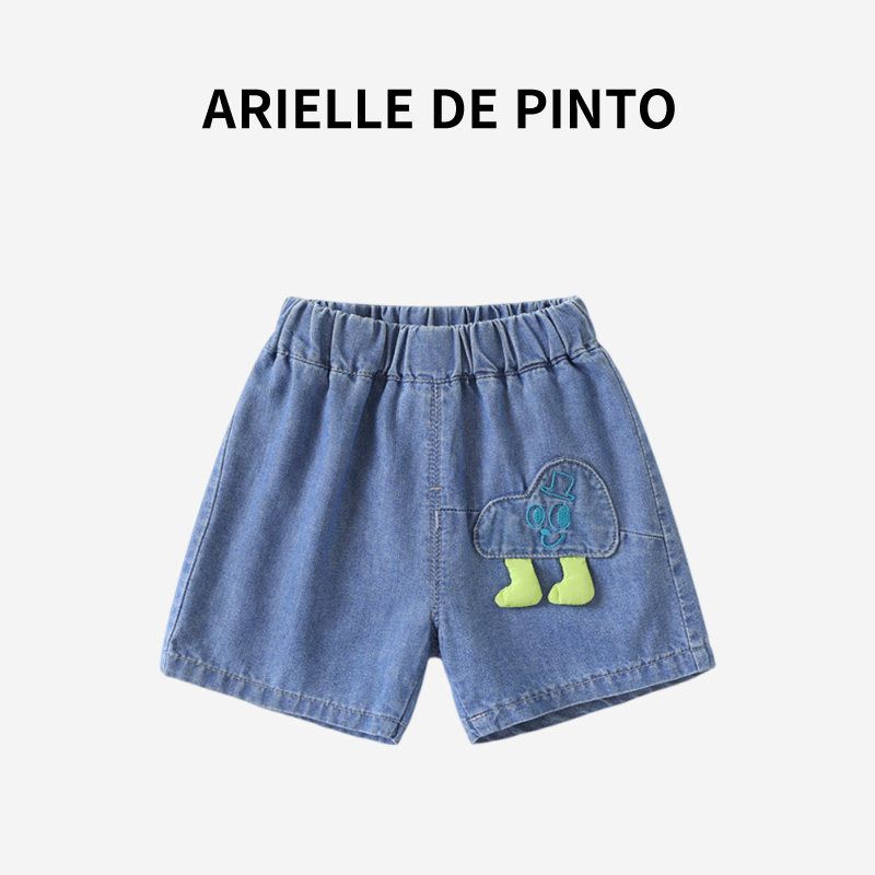 French Arielle De Pinto Boys  Denim Shorts Summer Casual Thin Cartoon Patch Embroidered Shorts Cowboy Blue 120