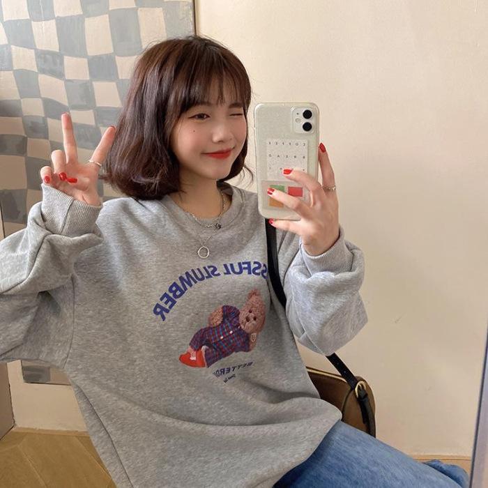 Fleece thickened super fire American retro sweater women's autumn and winter oversize crew neck jacket student loose