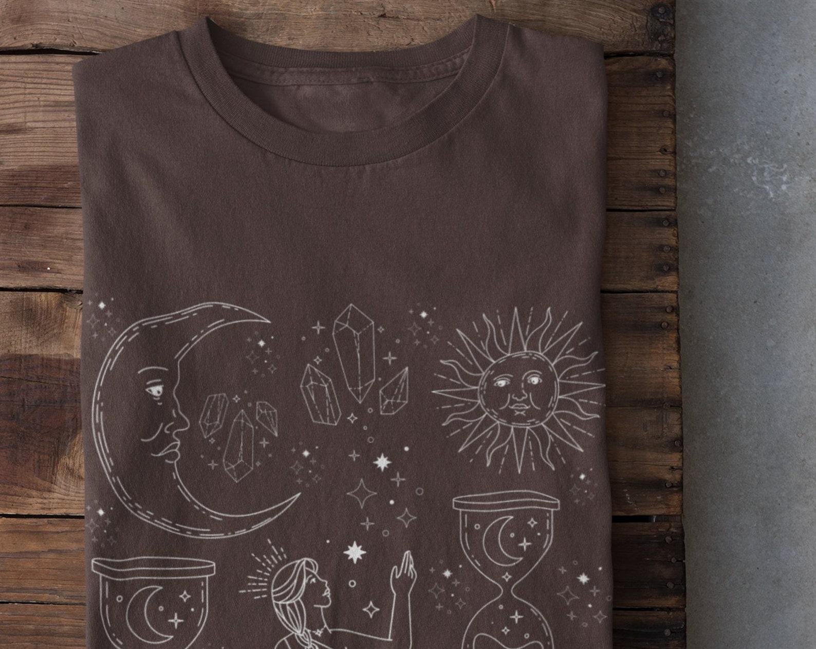 Mystical Crystals Shirt, Grunge Clothing,Celestial Sun and Moons T shirt,Moon Phases Shirt,Crescent Moons Boho Tshirt,Cottagecore Clothing, L