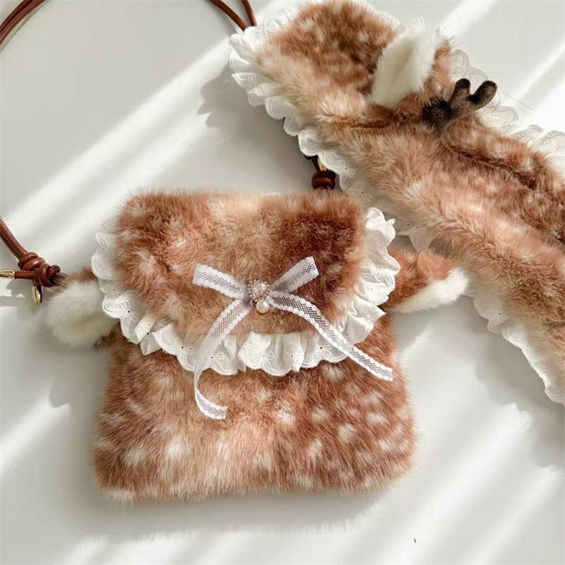 Lolita Plush Handbag Women's Mori Cute Deer Spotted Shoulder Bag Lace Bow Decoration Brown Furry Fluffy Women's Crossbody Bag