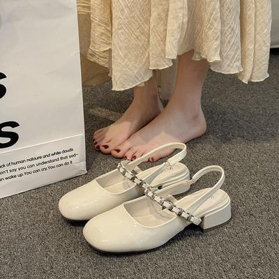 Mary Jane Baotou Sandalen Damen 2025 Frühling und Sommer Neu Quadratische Spitze Grober Absatz Mittelhoher Absatz Vielseitig Hinten offen Diamant mit Coolen Slippern Damen