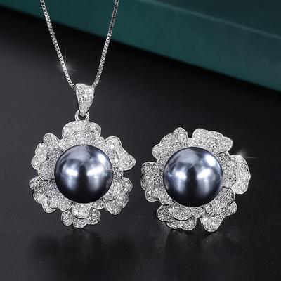 Jewelry Copper Plated Real Gold Inlaid Fritillary Grey Pearl Diamond Flower Women'S Pendant Necklace 14Mm