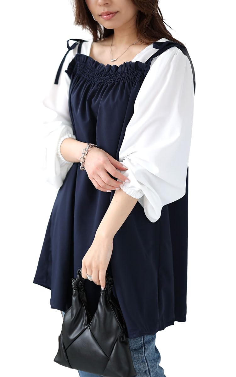 

[Gold Japan] Plus Size Women s Tunic, Long Sleeve, Camisole, Voluminous Sleeves, Spring Outfit, Summer, Autumn, maru-30180, 5L, Navy