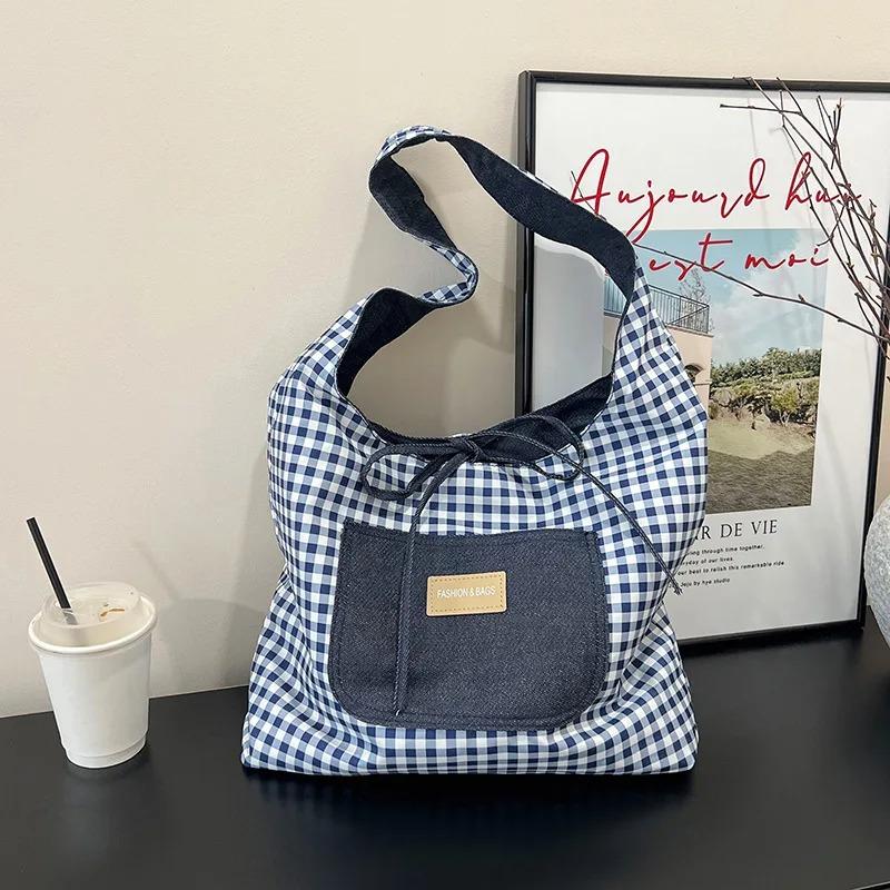 Double Sided Nyl Women's Shoulder Bags Large Capacity Plaid Ladies Tote Underarm Bag Threaded Simple Bow Casual Female Handbag