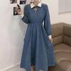 Women's Autumn Forest Retro Stitching Polo Collar Dress - Long Sleeve, Waist Slimming, Mid-Length Skirt