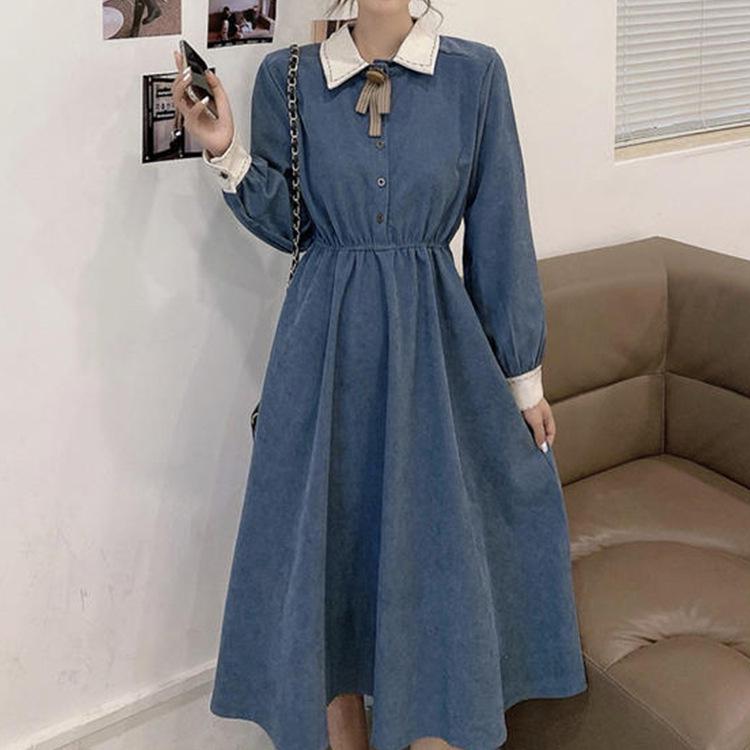 Women's Autumn Forest Retro Stitching Polo Collar Dress - Long Sleeve, Waist Slimming, Mid-Length Skirt