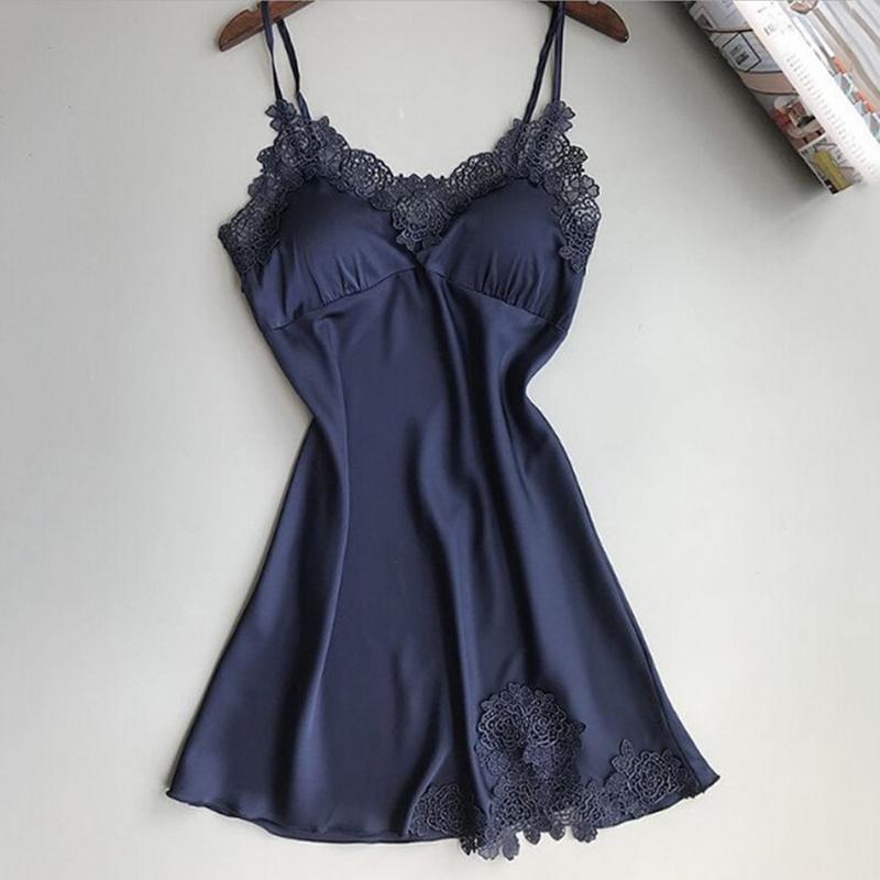 Rochie de noapte din satin de mătase, sexy pentru femei, Cămașă de noapte fără mâneci Cămașă de noapte cu decolteu în V Cămașă de noapte Lenjerie de noapte din dantelă Lenjerie de noapte