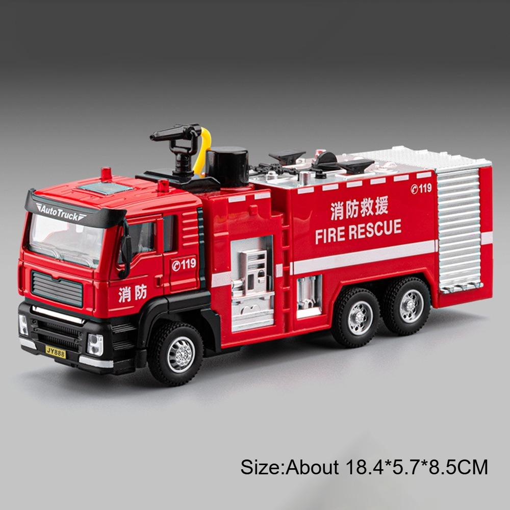 

1:50 Water Tank Aerial Ladder Fire Truck Diecast Alloy Toys Model Car Sound Light Pull Back One Click Water Spray Cars Kids Gift