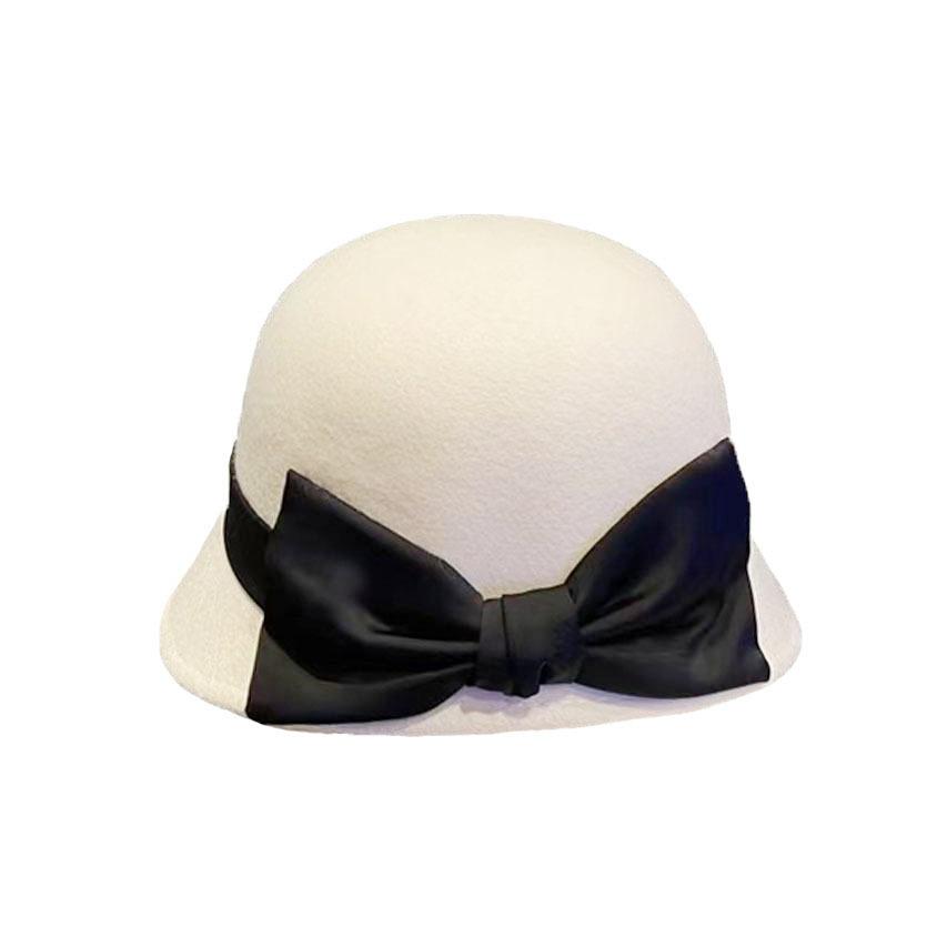Japanese woolen top hat women's autumn and winter retro Hepburn style small edge basin hat elegant women's bow bucket hat