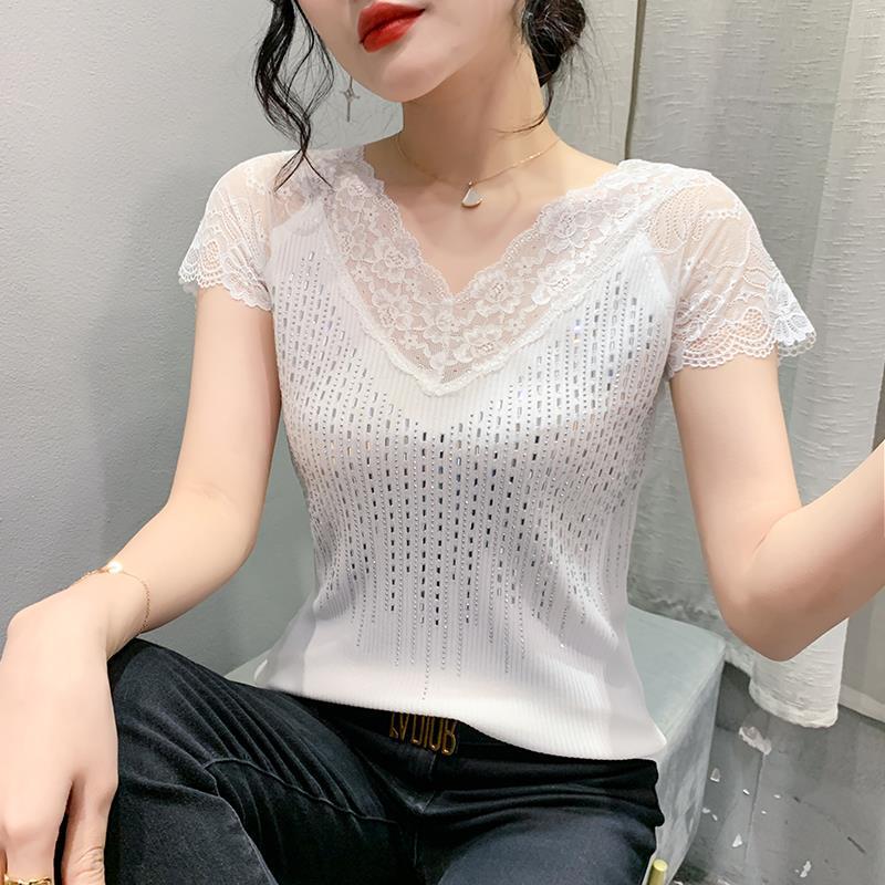 2023 Summer Women's Sexy Lace Slim-Fit Hollow-Out Short Sleeve T-Shirt
