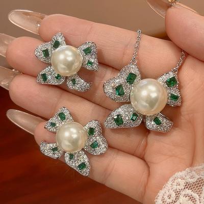 Set Emerald Bow Pearl Necklace Earrings Inlaid Jewelry Women'S Premium Light Luxury
