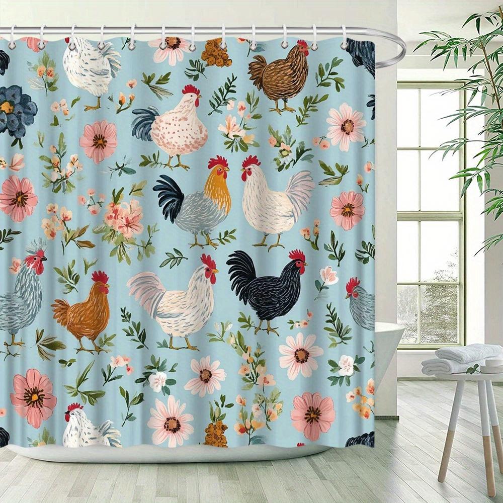 1pc Pastel Farm Life Shower Curtain - Soft Repeating Animal & Flower Pattern, Whimsical Watercolor Style, Blue Background,