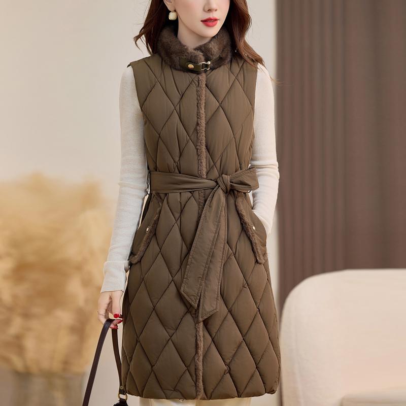 Fashion Winter Women's Vest Faux Fur Collar Thick Warm Sleeveless Jackets Woman Long Coat With Belt