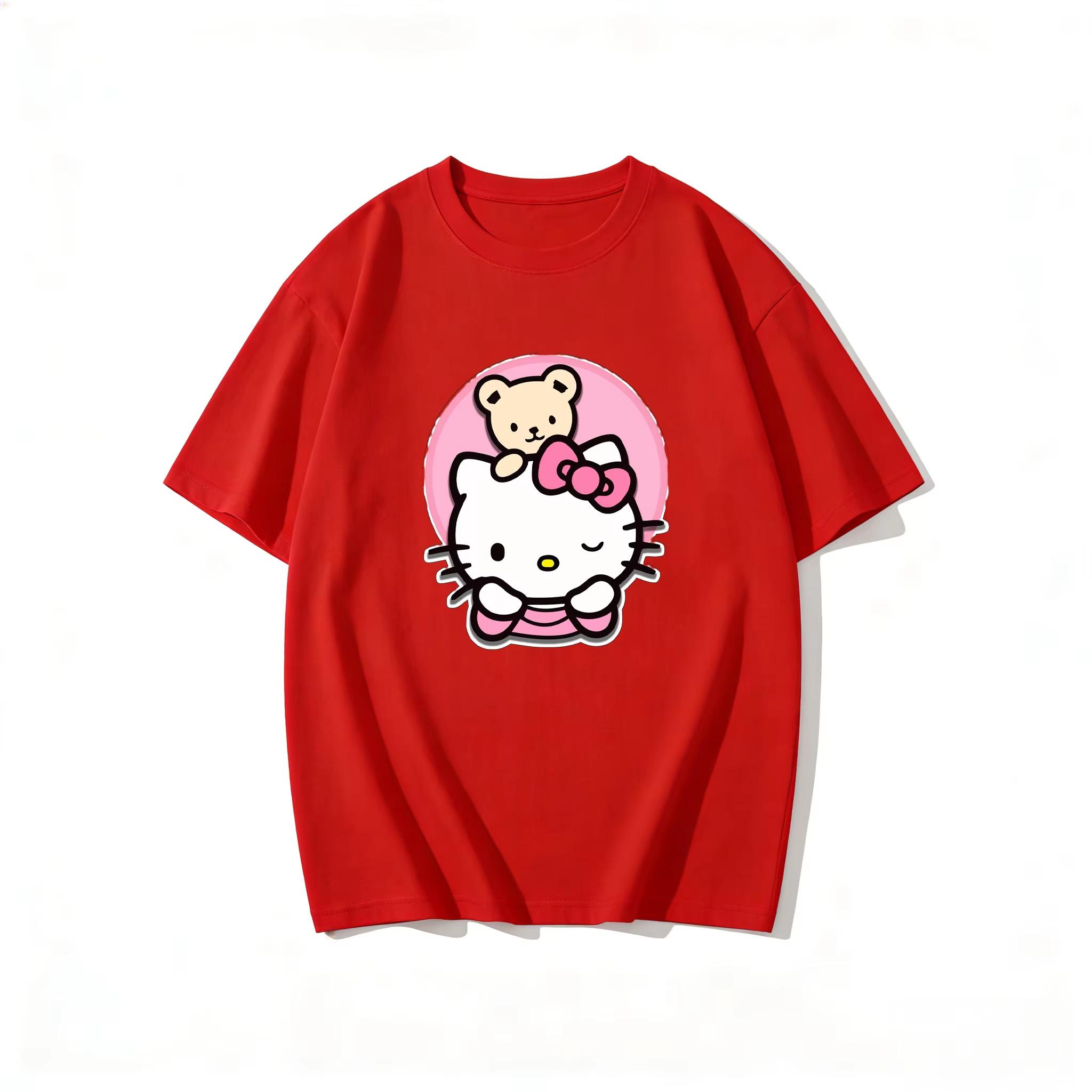 

2026 Hello Kitty Cartoon Printed Short Sleeve Summer Comfortable summer loose Tshirt for Women S