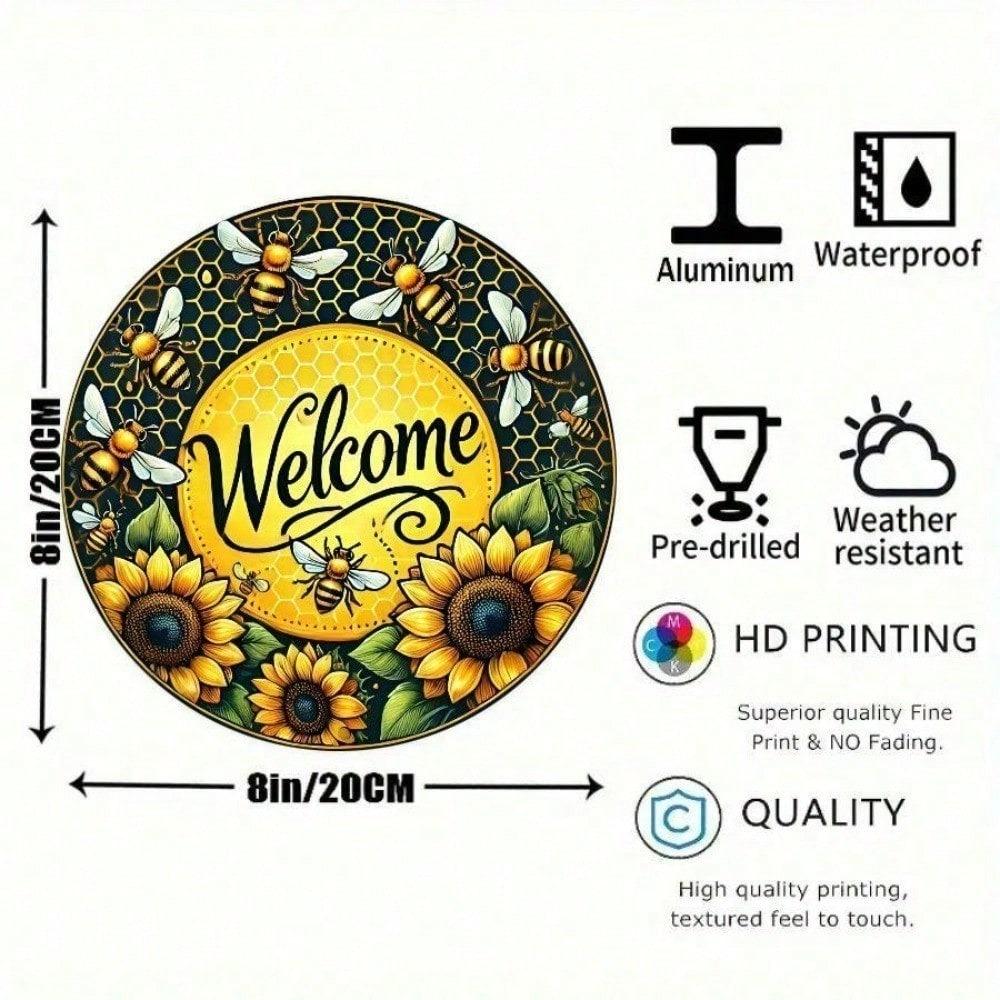 Vintage Bee Welcome Wreath Metal Wall Sign 8x8 Inch Rustic Aluminum Decor Outdoor Plaque For Front Door Porch Home