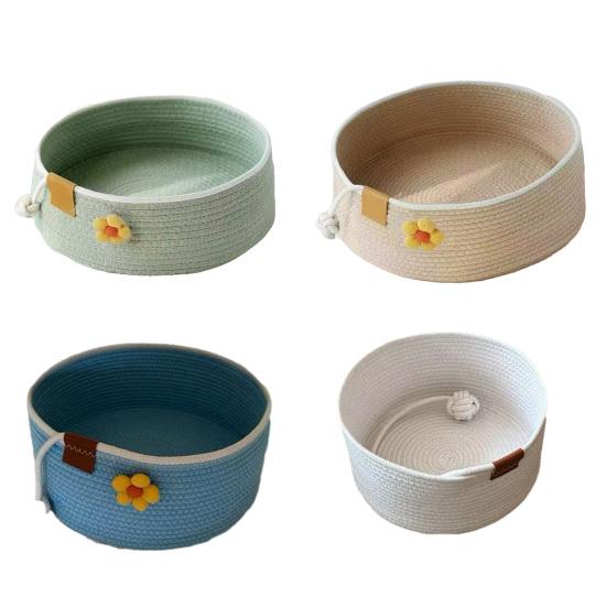 Round Cat Bed Basket Cotton Rope Woven Pet Bed with Cute Flower Toy Ball Breathable Cat Basket for All Seasons