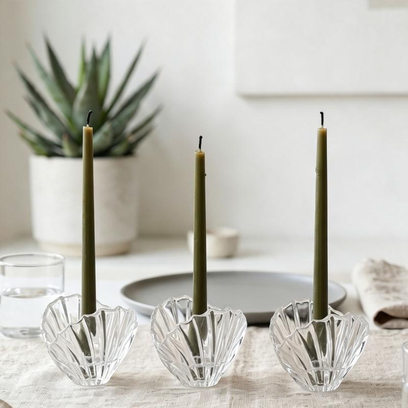 Shell Shape Glass Candle Holders with Clear Fluted Texture, Decorative Table Decors Candlestick Display for Desk, Side Table, Shelf, Bedroom, and