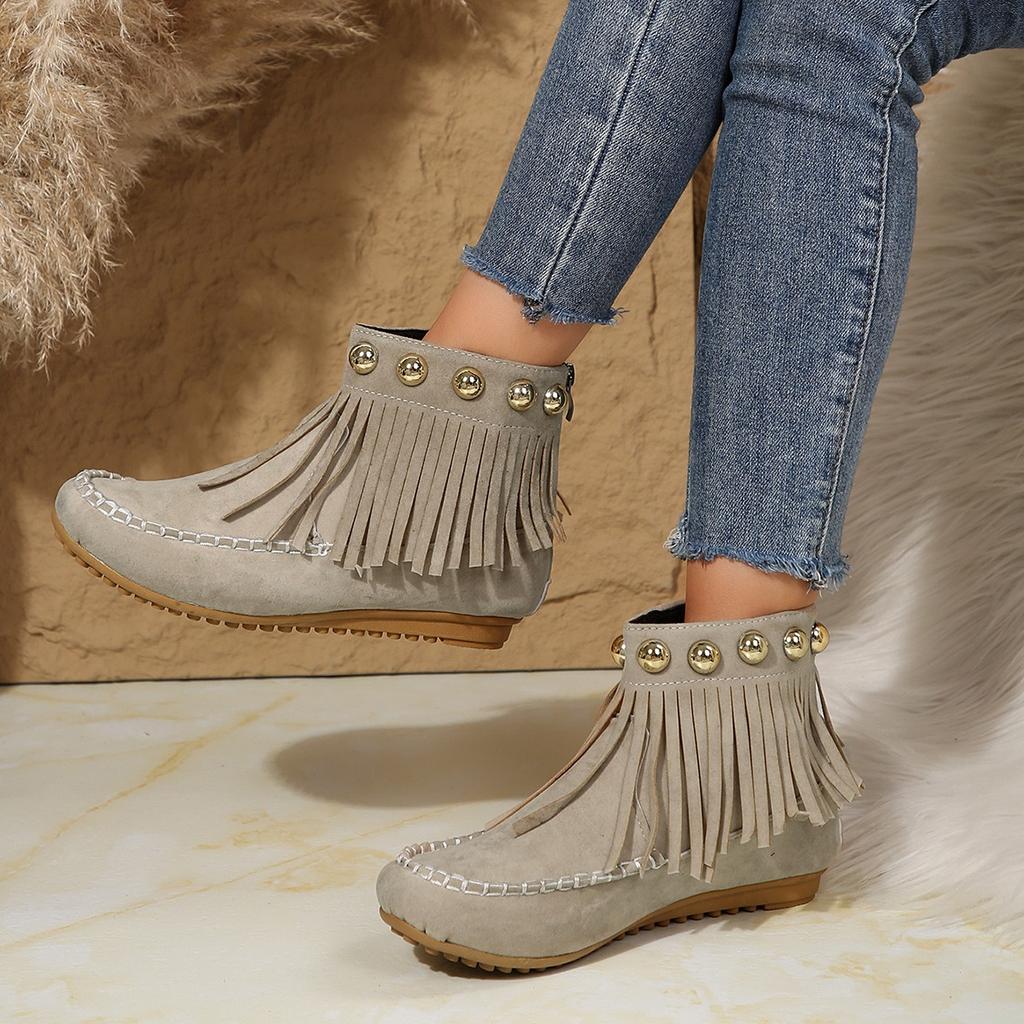 Women's Boots, Fringed Boots, Women's Shoes, Flat Shoes, Round Toe Shoes, Short Boots, Frosted, Suede, Boots