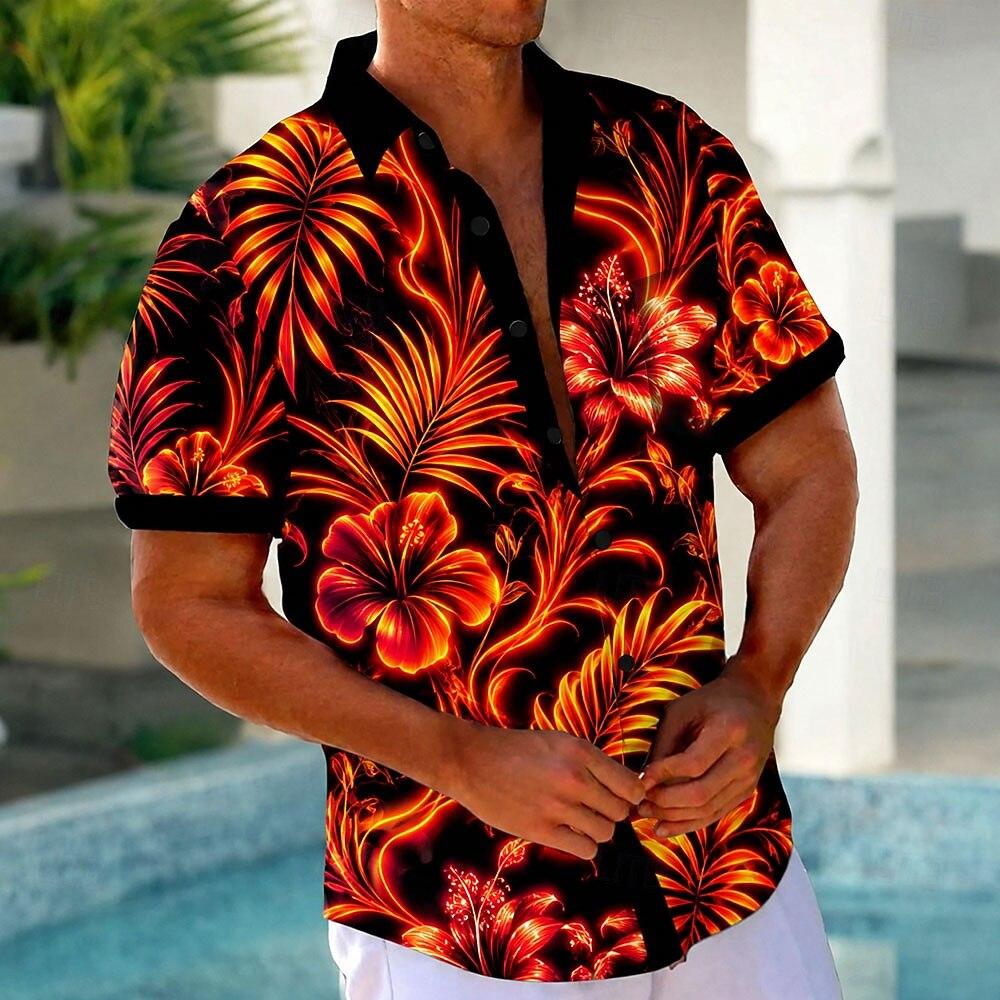 Men s Tropical Flowers Palm Leaf Neon Glow Shirt Summer Hawaiian Shirt Tropical Shirts S