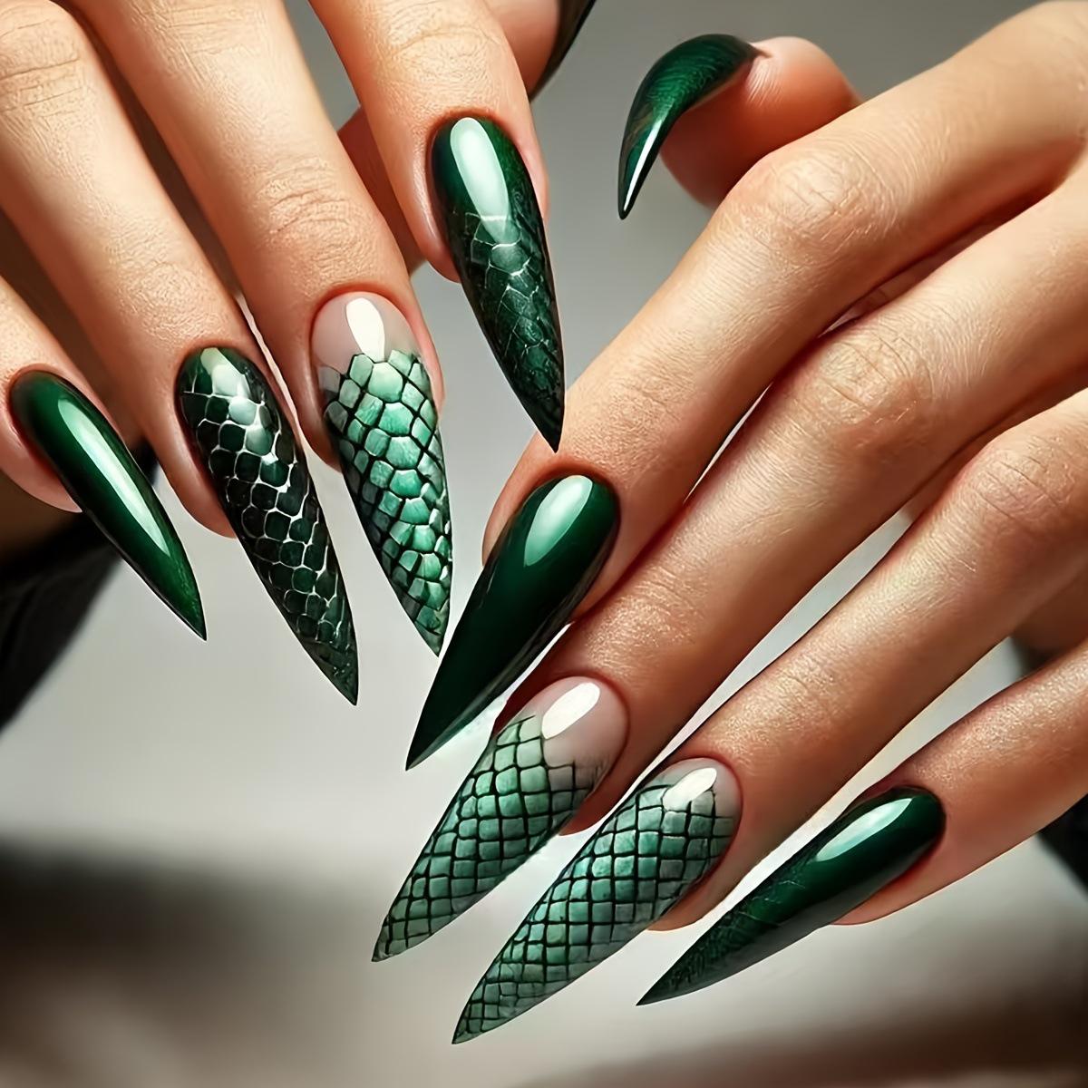 Dark Ink Green Snake Pattern Glitter Nail Stickers, Wearable 24-Piece Set