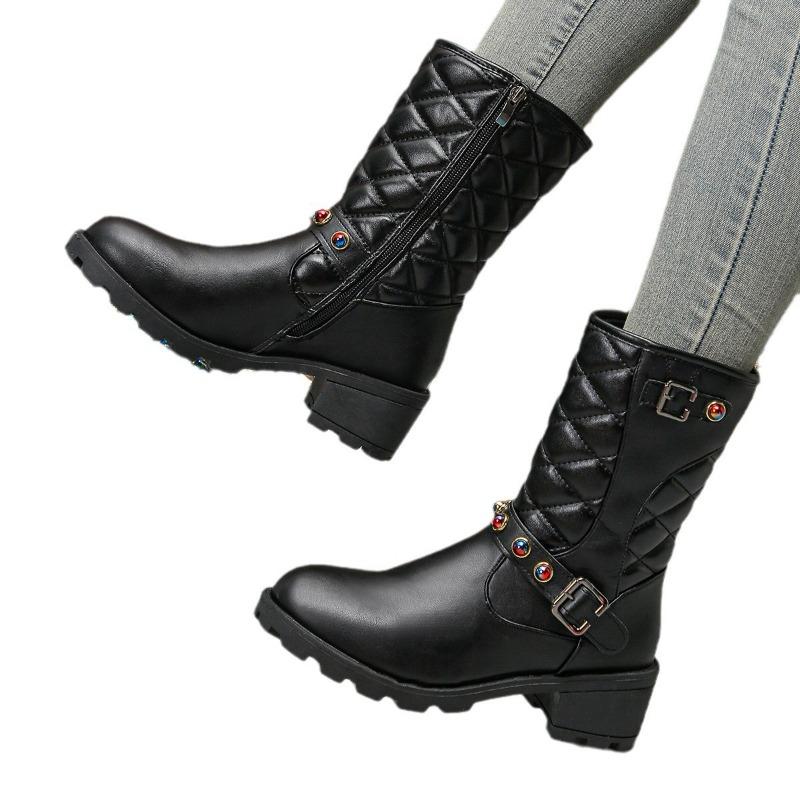 Large Size Women's Leather Boots Autumn and Winter New Retro Plaid Belt Buckle Round Head Thick Heel Medium Boots