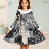 Meisjes Jurk met Hoge Hals, Lange Mouwen, Geprint Patchwork, A-lijn, Uitlopend, met Bontrand