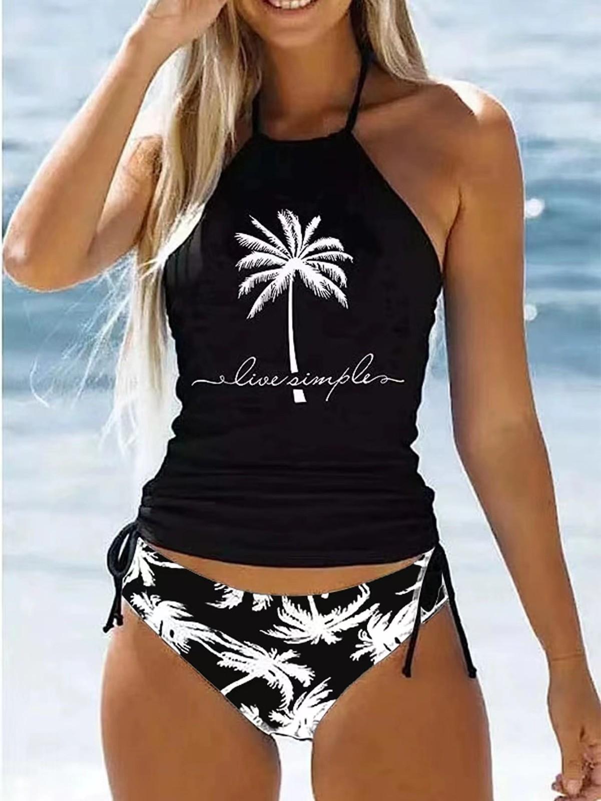 

Sunse Women s Summer Swimsuit Printing Set Adjustable Straps Beach Swimsuit Bikini Set L чорний