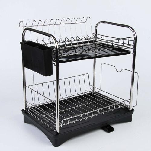 Leimish Two-Tier Dish Drainer, Stainless Steel, Rust-Proof, Automatic Drainage, Dish Drainer, Dish Holder, Chopstick Holder, Large Capacity, Kitchen S