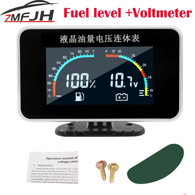 Universal 2 In 1 LCD Car Digital ALARM Gauge Voltmeter Volt Fuel Gauge Motorcycle Fuel Level Sensor Gauges fuel level For 12/24V