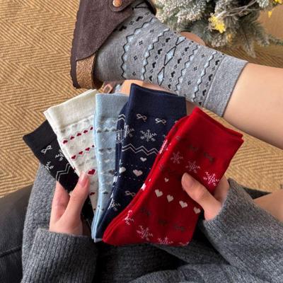 Calzini da Donna Fair Isle Fiocco di Neve a Mezza Gamba - Stile Etnico Retro, Calzini Arricciati in Cotone Autunno/Inverno