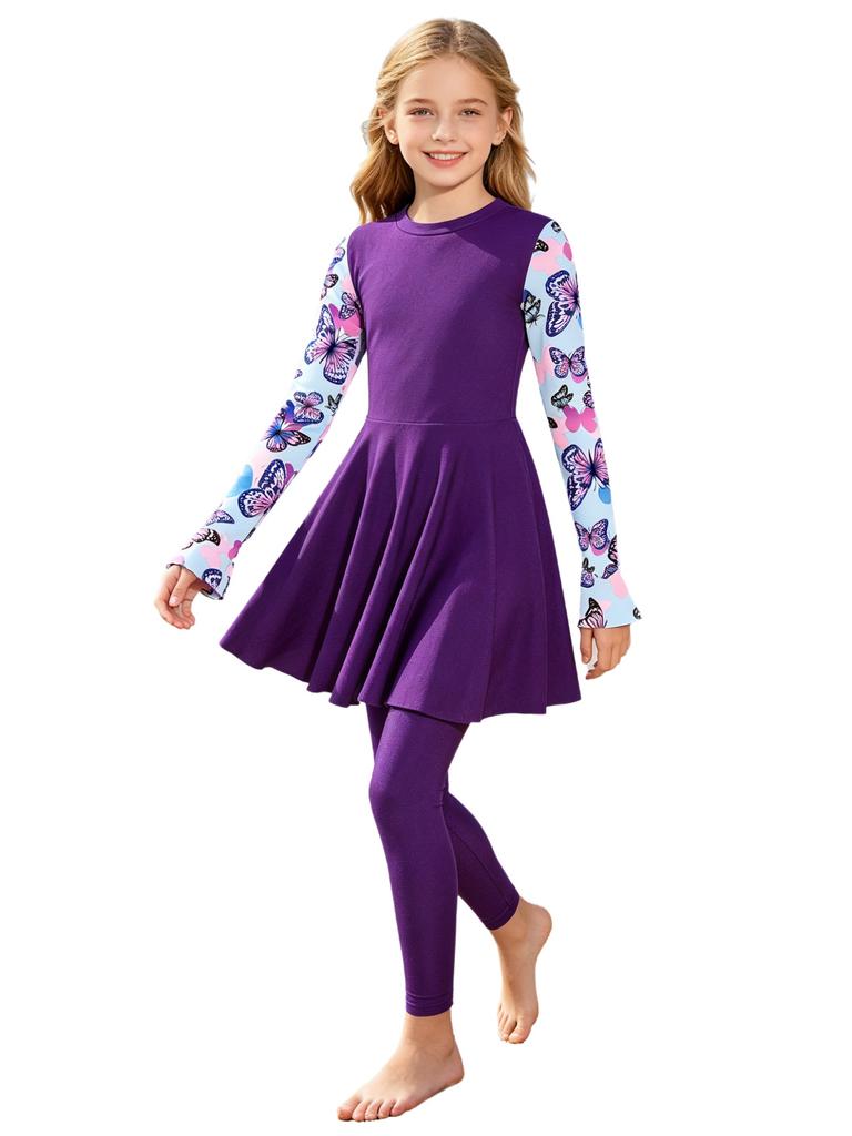 Kids Girls Two Piece Swimsuit Set Long Sleeve Floral Print Short Dress with Pants Rash Guard for Pool Beach Summer Swim