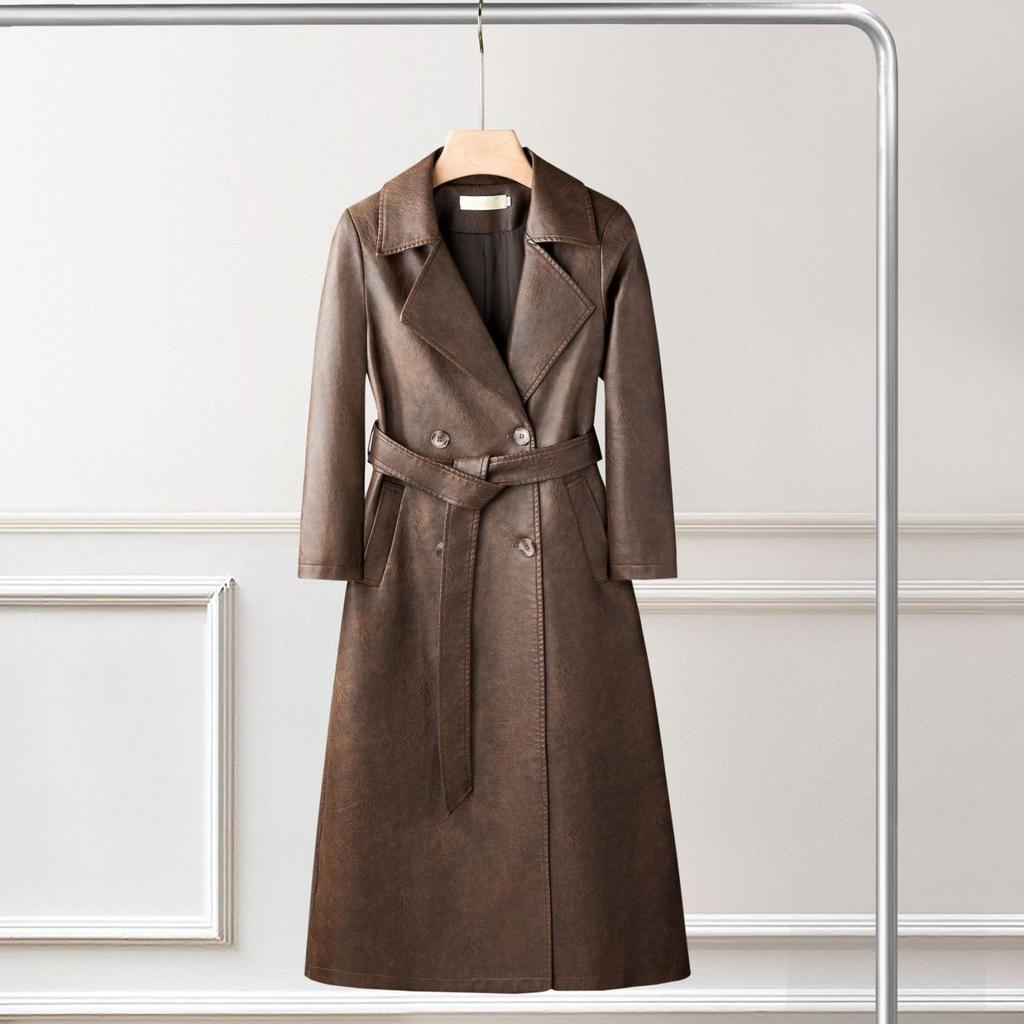 Elegante Soprabito Lungo da Donna Trench Vintage in Pelle Cappotto Mezza Lunghezza Slim Fit Primavera Autunno Capospalla