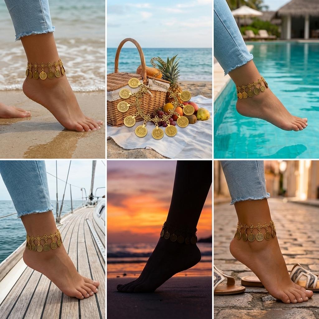 Vintage Coin Pendants Anklets for Women Bohemian Ethnic Metal Retro Coin Foot Chain Summer Beach Vacation Jewelry Accessories