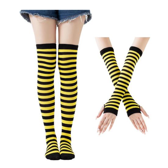 Womens Striped Arm Warmers Leg Warmers Set Winter Knitted Over The Knee High Socks Long Fingerless Gloves Set for Christmas Halloween