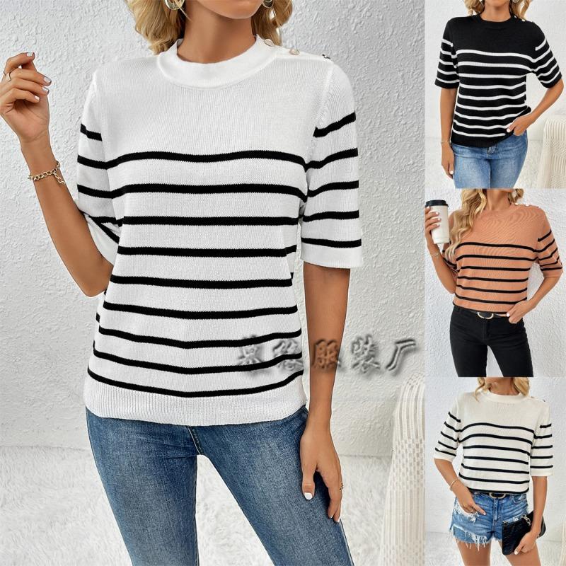 Women S Striped Button Spliced Pullover Round Neck Short Sleeve Knit Sweater